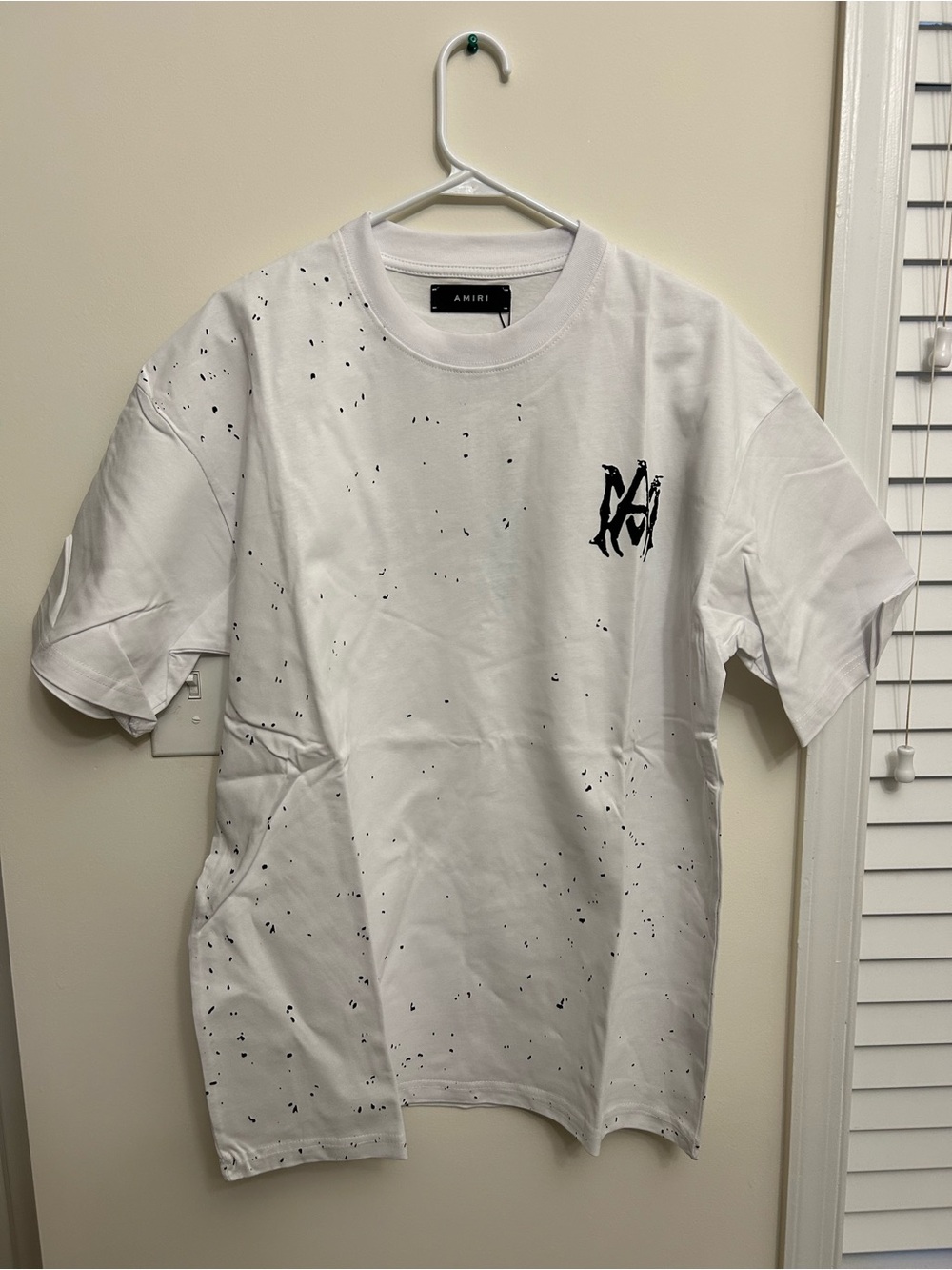 AMIRI White Tee with Black Speckle Distressing